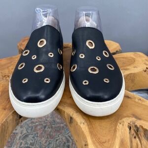 Sylvia Noster Black Leather Slip On Shoes Gold Eyelet Grommets Women Size 11